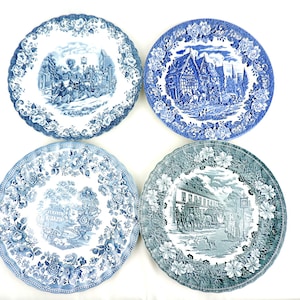Vintage Blauw Transferware Engelse Platen set van 4, Engels Collectible Plates