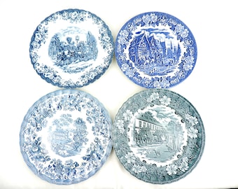 Vintage blå transferware engelska tallrikar - Set med 4 samlartallrikar