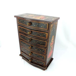 Vintage Solid Wood Hand Painted Hindu Indian Small Chest of Drawers with 6 Drawers