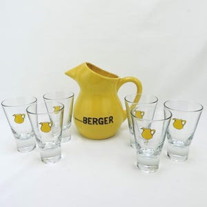 French Vintage Berger Anisette Ceramic Water Pitcher with 6 Matching Berger Drinking Glasses