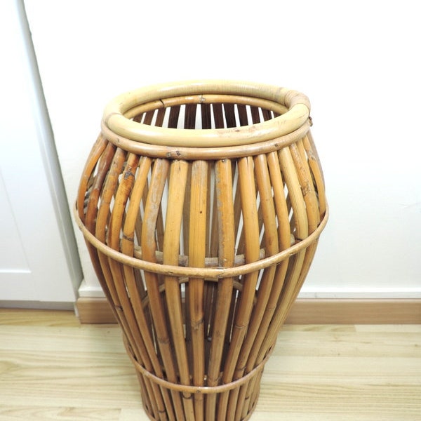 French Vintage Rattan Wicker Cane Umbrella Stand, Mid century Bohemian Home Decor