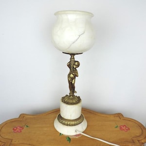 Vintage Italian Marble and Solid brass Table Lamp with Cherub, 19&quot; Tall and heavy Desk Lamp with bronze Putti