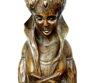 Statua antica francese in quercia intagliata a mano: ornamento di donna medievale