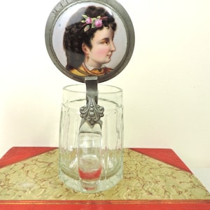 Antique German Glass Beer Stein With Hand Painted Porcelain Portrait