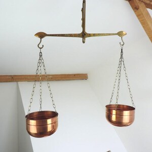 French Vintage Decorative Roman Scale with Solid Brass Frame and Copper Hanging Baskets