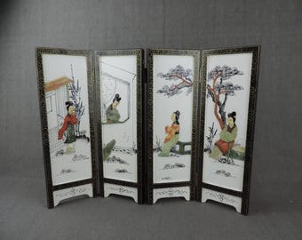 Vintage Chinoiserie Mother of Pearl Folding Screen, Lacquered Asian Table Decor