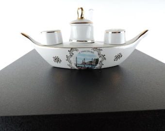 French Vintage Limoges Porcelain Boat With Salt Pepper Wells and Mustard Pot, Limoges Collectible Cruet, Porcelain Condiments Display