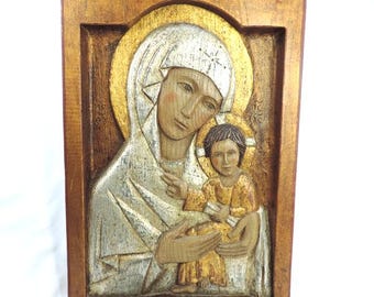 Vintage große und schwere handgeschnitzte Massivholzwandtafel Madonna mit Kind, christlich-Orthodoxe Ikonen