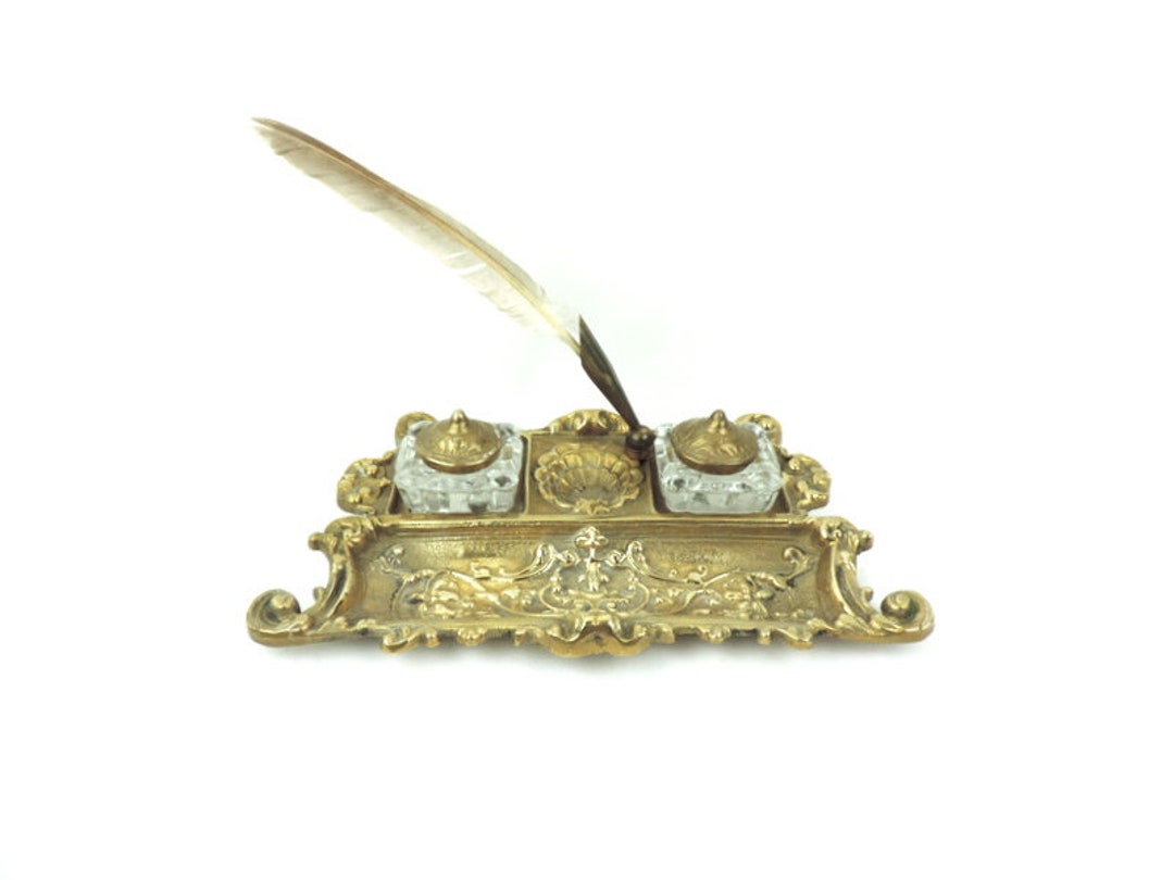 French Antique Brass Double Inkwell - Etsy