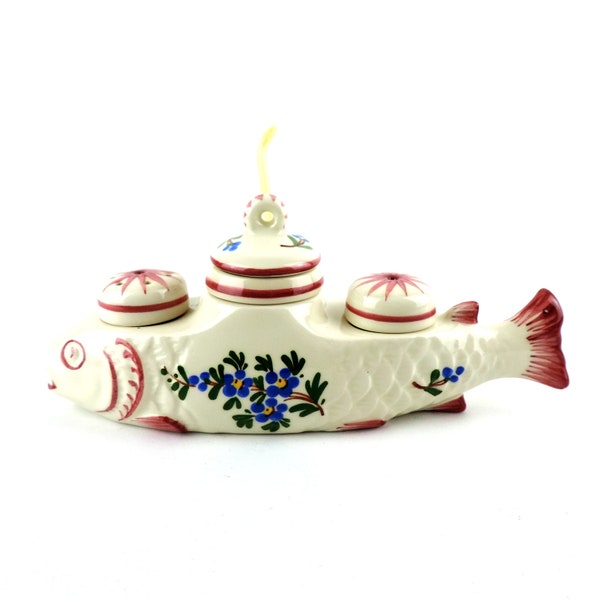 French Vintage Ceramic Salt and Pepper Shakers With Mustard Pot Shaped as Fish, French Vintage Condiment set, Table Decor
