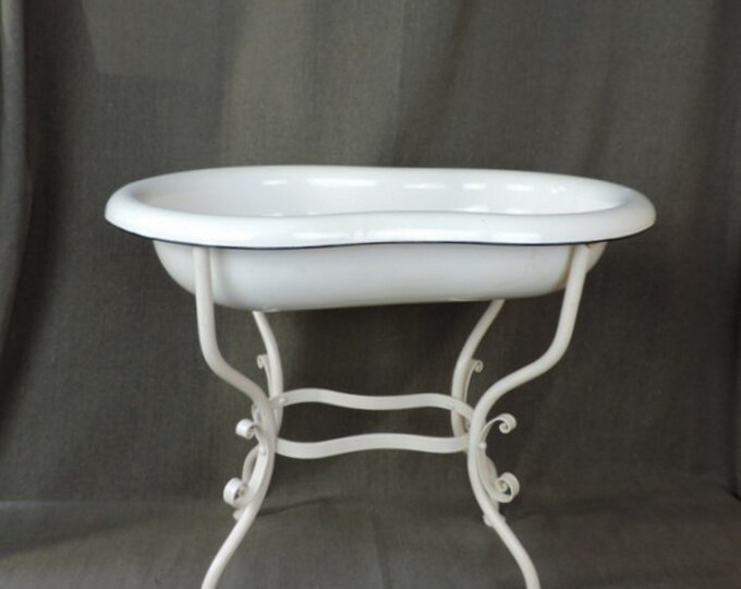 French Vintage White Enamel Baby Bathtub With Cast Iron Stand, Wash Basin, Vintage French Bidet