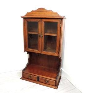 French Vintage Solid Wood Wall or Free Standing Cabinet with Glass Doors and Drawers