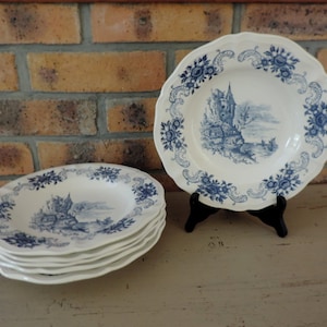 Francés Vintage Sarreguemines Ironstone Azul Transferware Platos de Sopa x 6