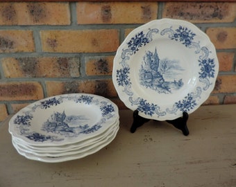 French Vintage Sarreguemines Ironstone Blue Transferware Soup Plates x 6