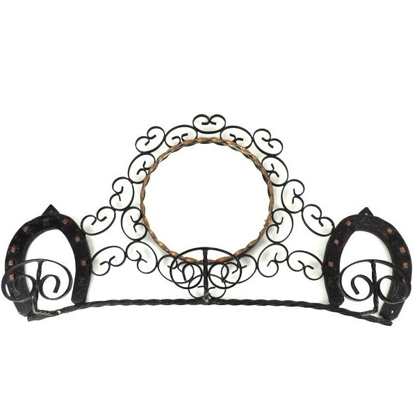 French Vintage Wrought Iron Mirror Coat Rack with Horse Shoes, Vintage Hallway Decor