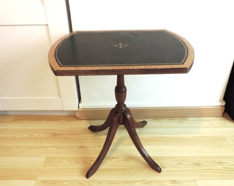 French Vintage 20" Tall Side Table with Black Leather Inlay