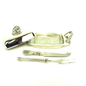 Französischer Vintage versilberter Butterteller mit Messer und Gabel