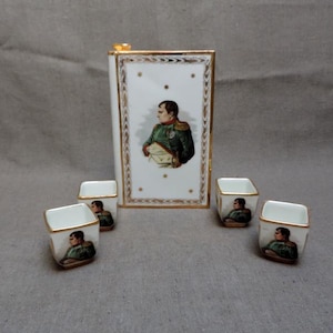 French Vintage Limoges Porcelain Napoleon Cognac Decanter With Drinking Cups