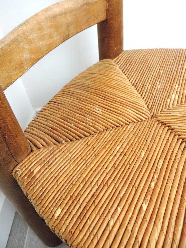 French Vintage Oak & Rush Low Chair: Charles Dudouyt Style