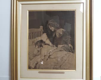 Gran litografía antigua en sepia de Arthur John Elsley: "Despierta, es la mañana de Navidad". Firmada y fechada en 1909.