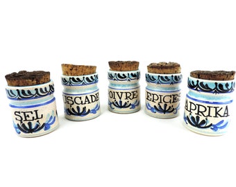 French Vintage hand painted Ceramic Spice Jars Set of 5, Vintage french Kitchen Decor, Vintage Stoneware Spice Canisters