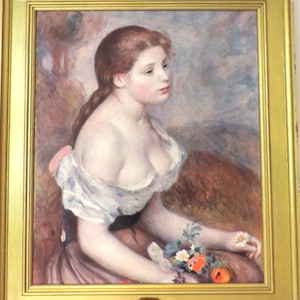 Französisches Vintage Renoir Ölgemälde: Junges Mädchen mit Gänseblümchen Reproduktion (26x22)