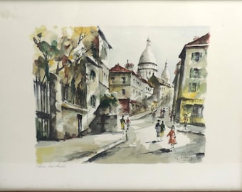 Vintage Paris Lithograph Print: Montmartre Sacre Coeur, Signed G. Lelong, Framed