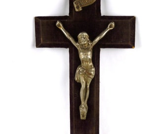 Antique French Large 18" Wall Crucifix with Velvet Cross