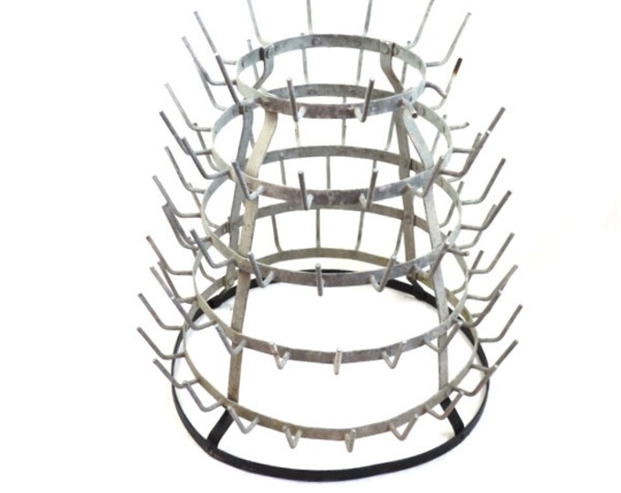 French Vintage Galvanized Steel Large Bottle Drying Rack, 22' Tall Wine Cider Champagne Bottle