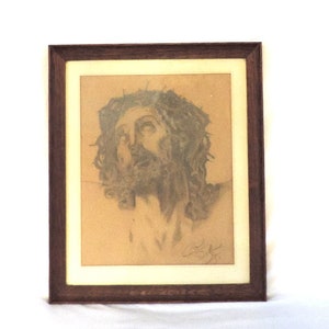 Retrato original vintage francés firmado y enmarcado de Jesucristo