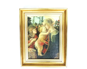 Français vintage Huile sur Canva « La Vierge, l’Enfant et Saint Jean » par Botticelli, 13 » x 10 » Reproduction