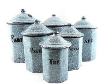 French Vintage Enamel Canister Set, Vintage French Kitchen Decor, Kitchen Spice Jars