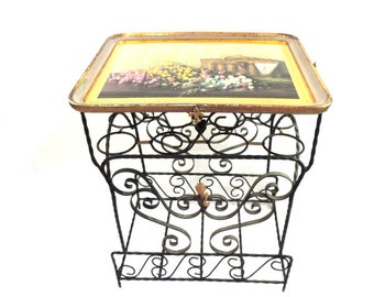 French Vintage Wrought Iron Side Table with Florentine Tray and Brass Fleur de Lis Decor