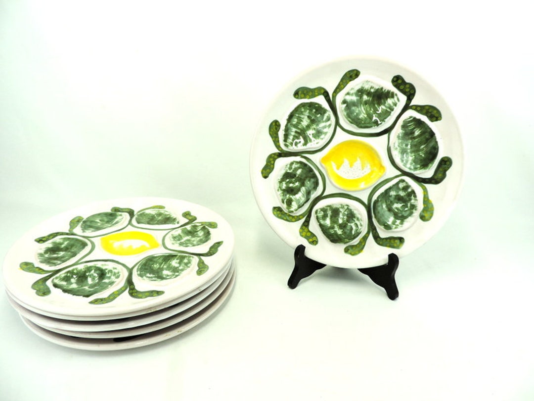 French Vintage Majolica Oyster Plates Set of 6, MBFA Pornic Quimper ...