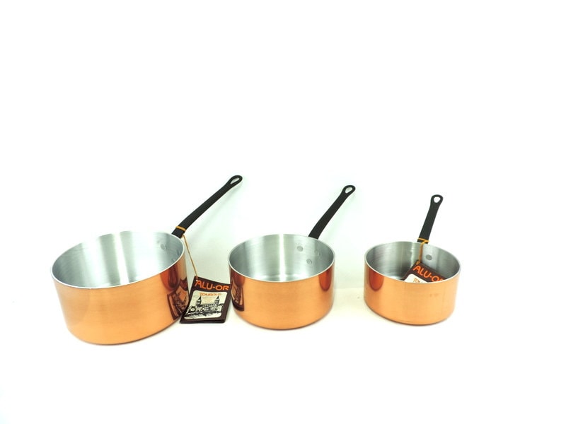 français vintage tournus tin lined copper pans ensemble de 3, français batterie cuisine en cuivre