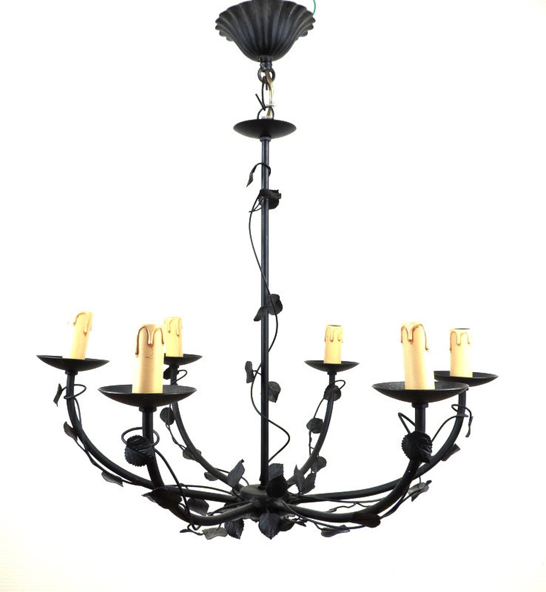 French Vintage Black Tole Chandelier, Black Ceiling Light Fixture With ...