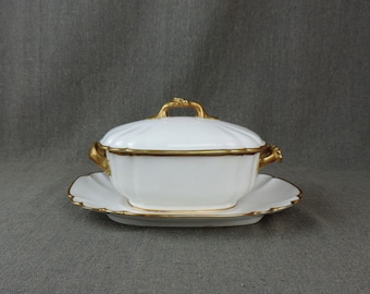 Saucière en porcelaine de Limoges blanc et or vintage français avec couvercle