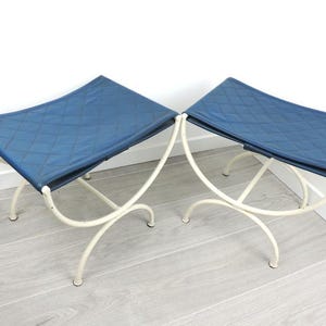 Pair of French Vintage Mid Century Iron Frame Stools with Blue Leather Seats