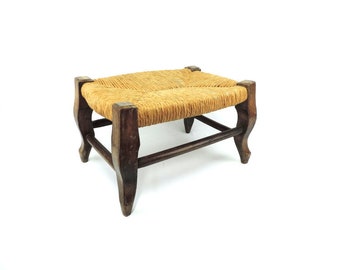 French vintage 8" Tall Rustic Footstool with Rush Seat