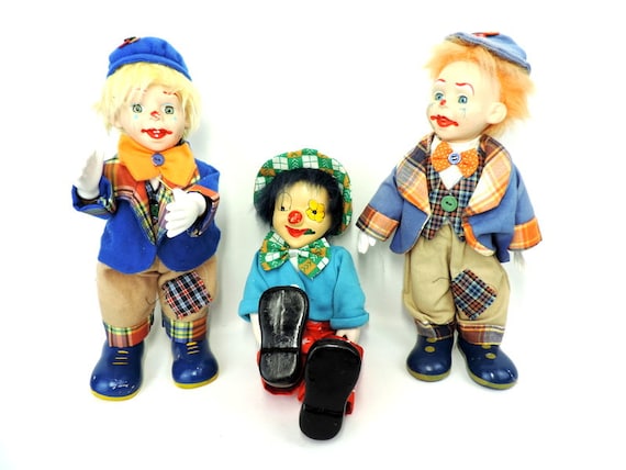 Lot De 3 Clowns Automates Musicien En Porcelaine Et Tissu - Figurines De Collection - Occasion