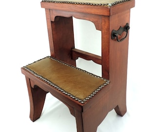 French Vintage 18" Tall Solid Wood with Leather Inlays Library Step Stool