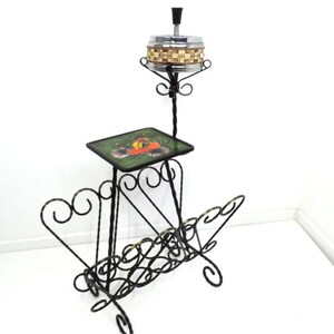 French Vintage Vallauris Signed R. Leduc Magazine Rack with Ashtray and Hand Painted Tile