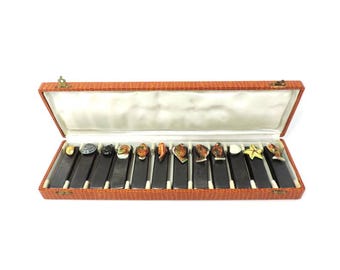 French Vintage Majolica Ceramic Knife Rests with Seafood theme in Original Display Box