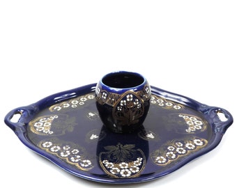 French Vintage Art Nouveau Cobalt Blue Enamel Porcelain Vanity Set / Desk Accessories by KG Luneville