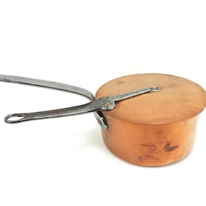 French Vintage Copper Pan With Cast Iron Handle and Matching Lid