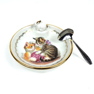 Vintage Limoges Porcelain Baby Food Warming Bowl with Kittens & Spoon