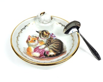 Vintage Limoges Porcelain Baby Food Warming Bowl With Spoon, Child Food Serving Dish With Kittens