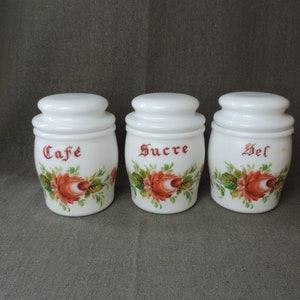 French Vintage Milk Glass Kitchen Jars: Floral Canister Trio