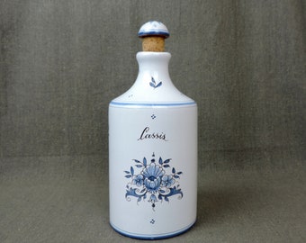 French Vintage Hand painted Stoneware Liquor Bottle, Handmade Rouen Ceramic Blackcurrant Bottle