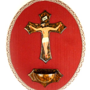 Large Vintage Holy Water Font with Embroidered Wood Frame, Vintage wall benitier